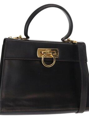 Salvatore Ferragamo Gancini Hand Bag Leather 2way Black Gold Auth ka1065